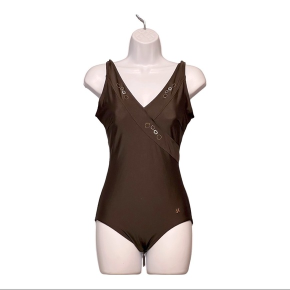 Janine Robin Swarovski Jeweled French One-Piece Swimsuit Sz 10 Brown Low-Back - Picture 1 of 7